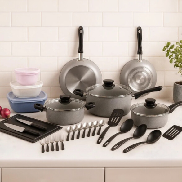 Batería de cocina gris + cubiertos, 44 piezas TR6274ML