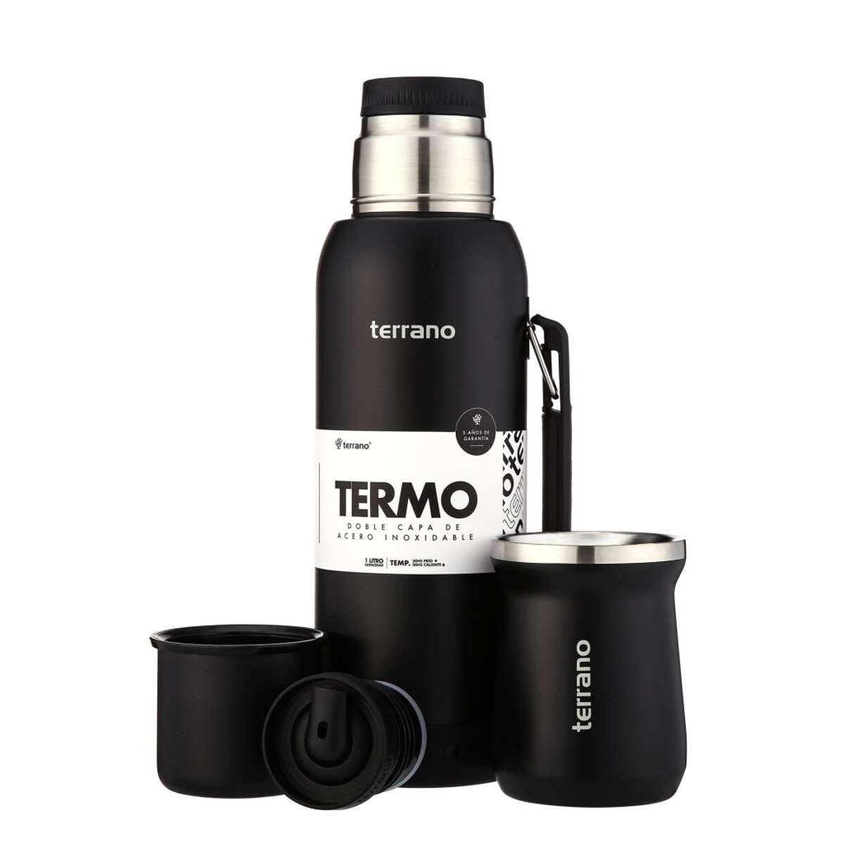Kit Termo 1Lt Con Base De Silicona + Mate De Acero Tradicional - Negro 