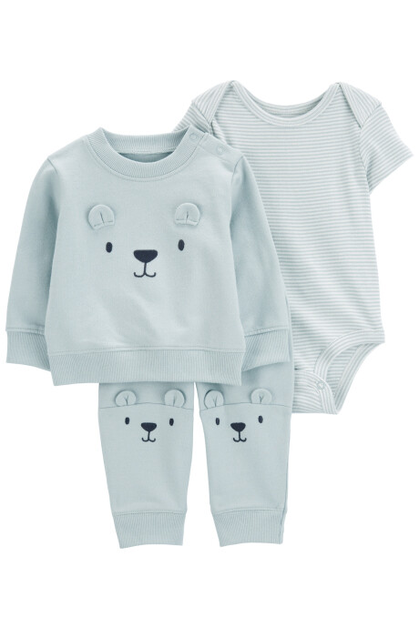 Set tres piezas de algodón, pantalón, buzo y body, diseño oso Set tres piezas de algodón, pantalón, buzo y body, diseño oso