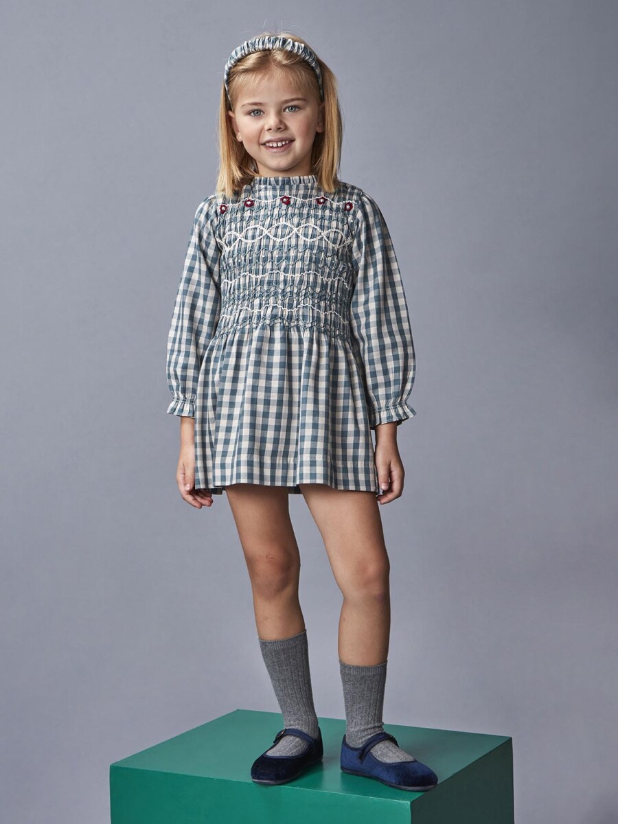 Vestido Cuadros Con Bordada Petroleo