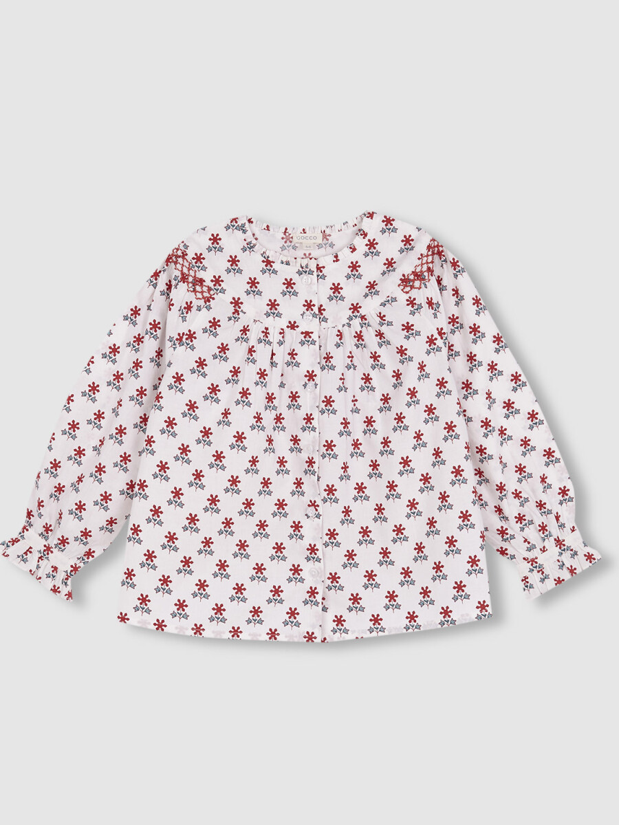 Camisa Estampada Con Bordados En Manga Blanco Roto