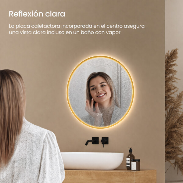 Espejo Redondo De Baño Led 60cm Función Desempañado DORADO