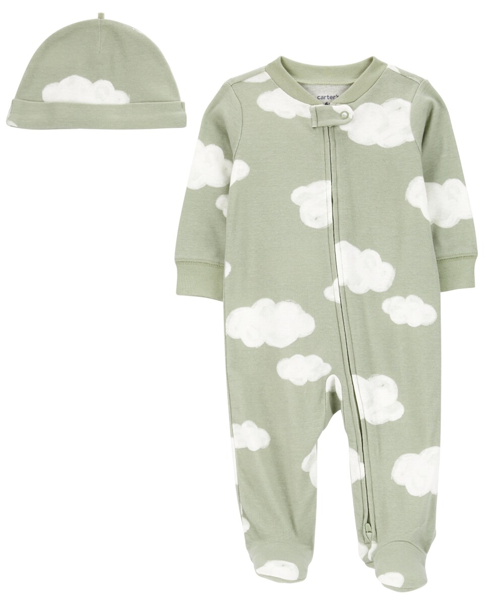 Pijama una pieza de algodón, con pie y gorro, diseño nubes 