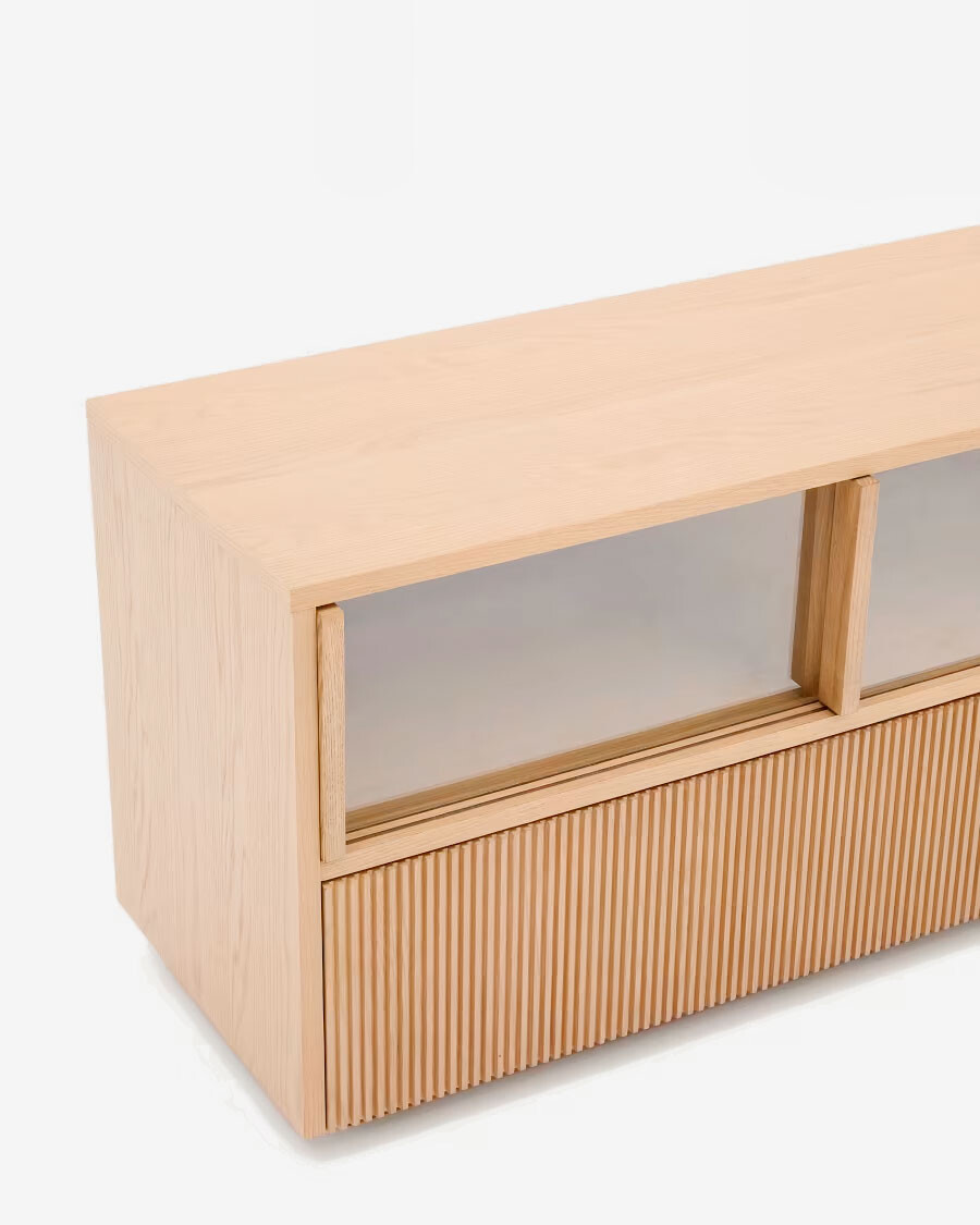Mueble TV Helvine 4 puertas y 2 cajones chapa de roble y cristal templado 200x54cm FSC 100% Mueble TV Helvine 4 puertas y 2 cajones chapa de roble y cristal templado 200x54cm FSC 100%