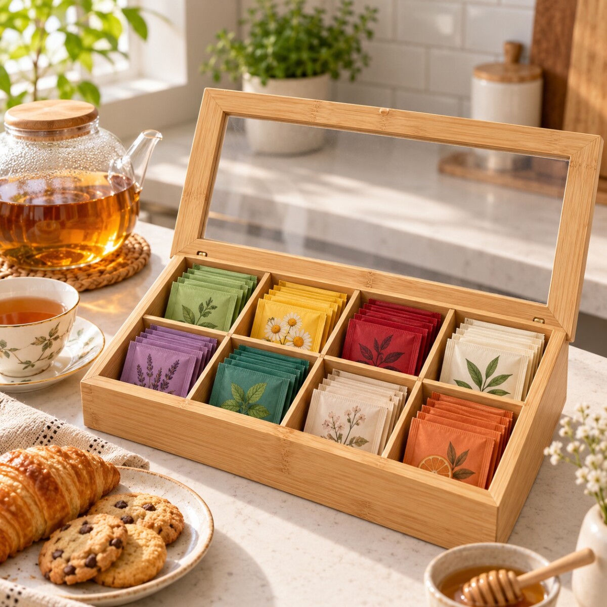 Caja para Sobres de Te con 8 Divisiones de Bamboo 32x20xh6.5cm 