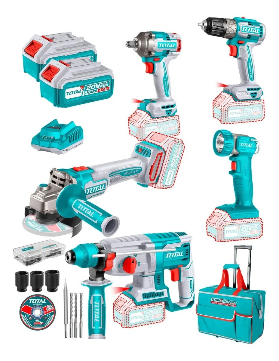 Combo Kit Profesional Total 20V 4 Herramientas con 2 Baterías 4.0Ah y Cargador Rápido 