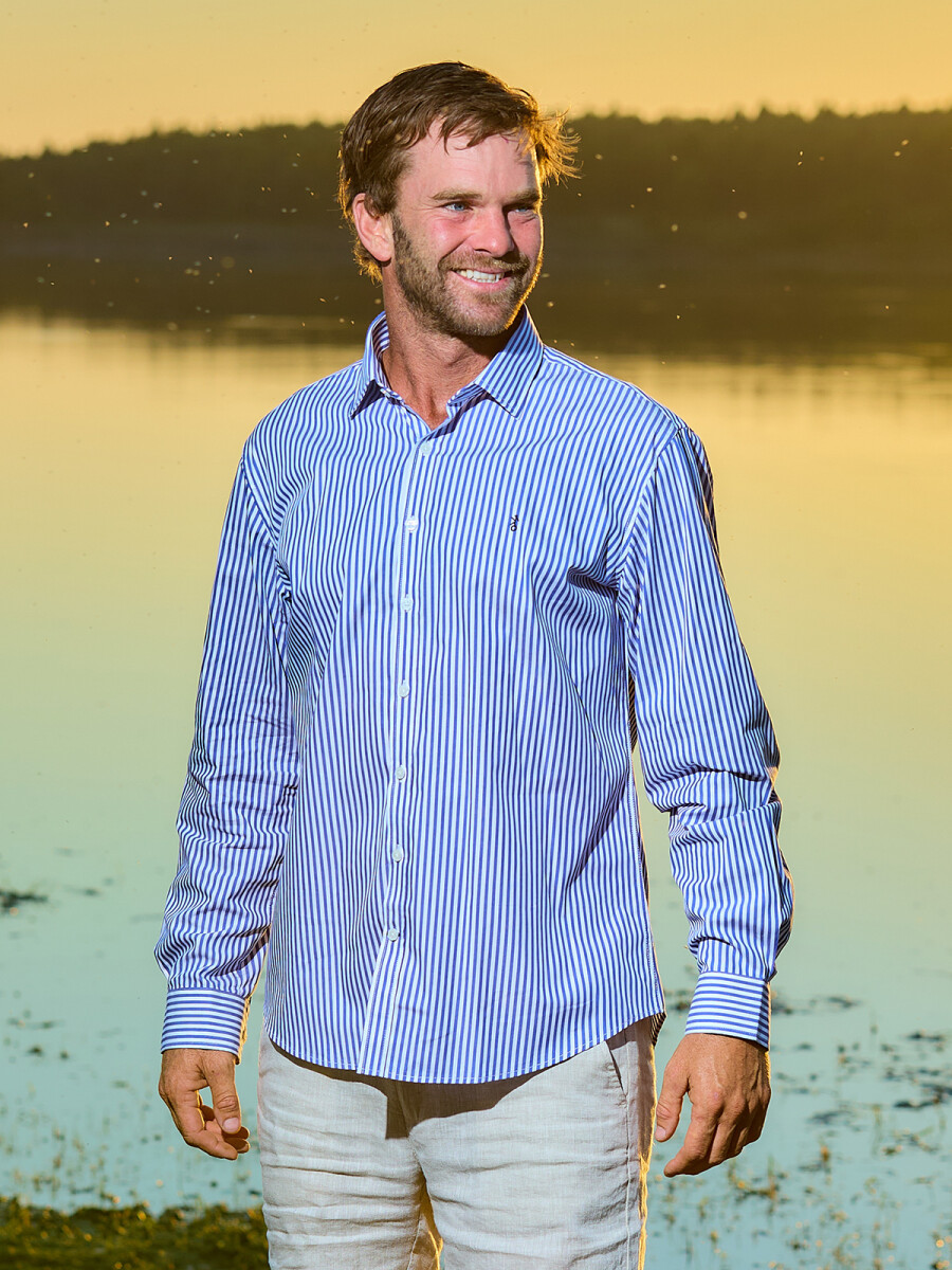 Camisa de Hombre Premium Cuello s/Botones - Raya Azul 1 