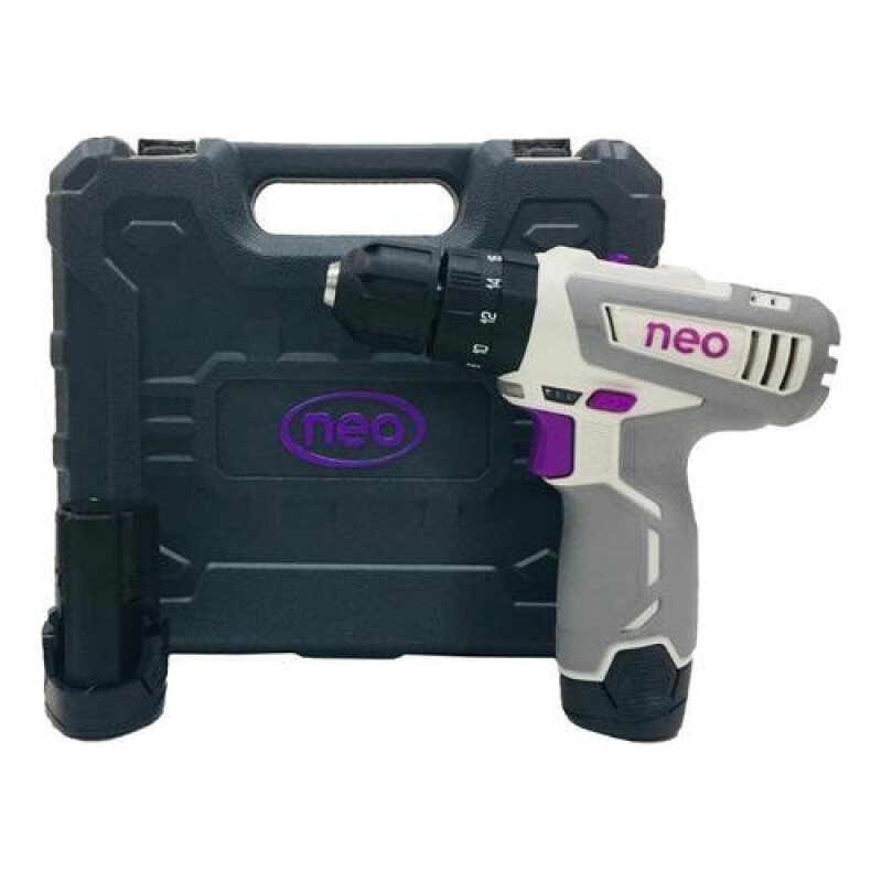 Taladro atornillador a batería con percutor NEO 12V 10mm 2 baterías + accesorios Gris