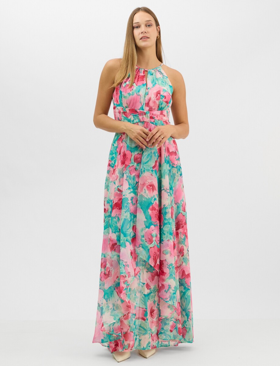 Vestido Largo Estampado Floral Con Cuello Halter - Multi/rosa 