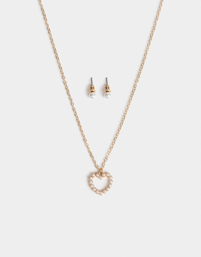 Bijouterie Set Con perlas Set De Cadena Y Aros Pasantes Con Perlas - Dorado