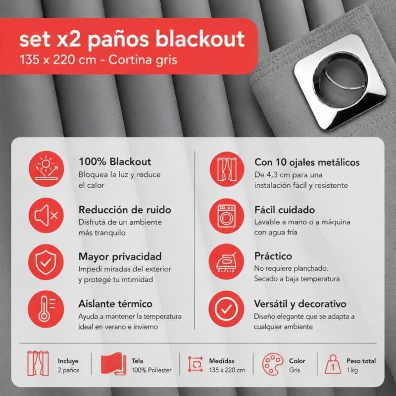 Cortina 100% Blackout set 2 paños 135 x 220 GRIS