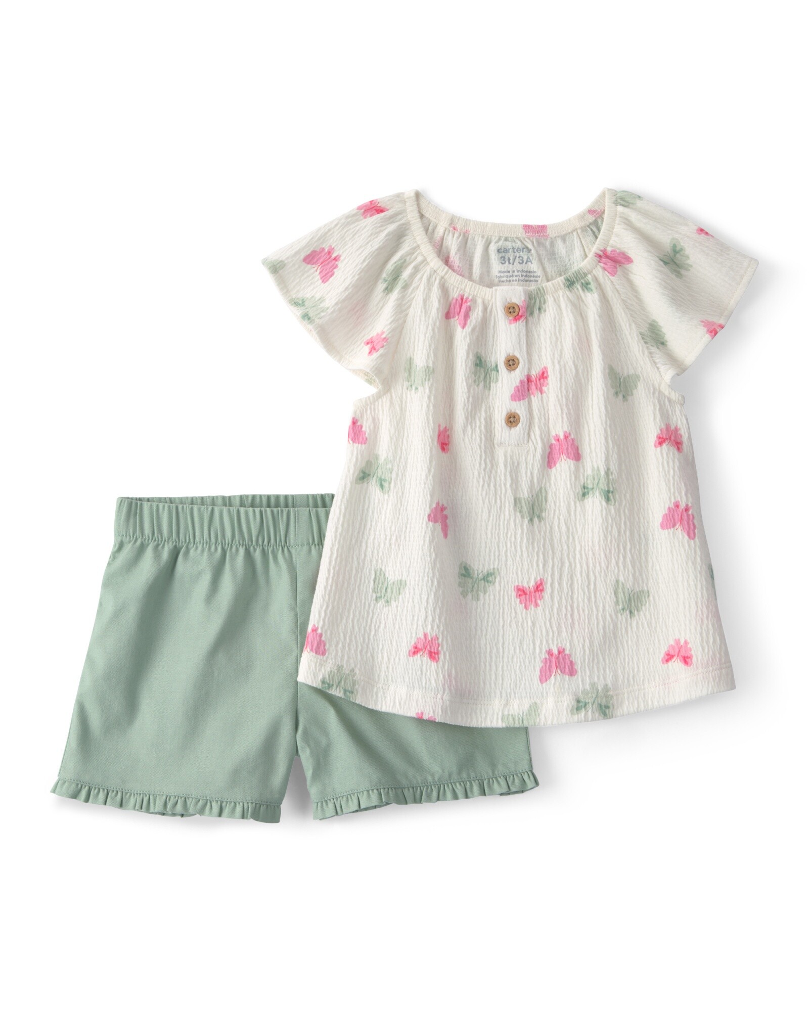 Set dos piezas, short de algodón y blusa de jersey arrugado, diseño mariposas. Talles 2-5T Sin color