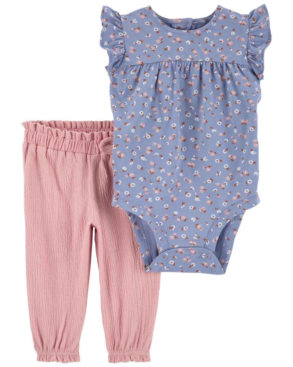 Set dos piezas de algodón, pantalón con puños elásticos y body, diseño floral 
