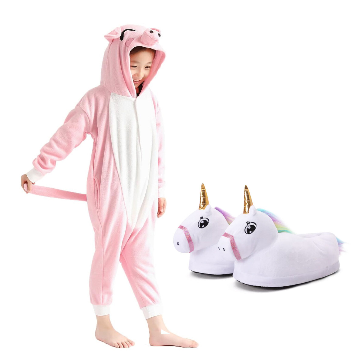 Set Infantil con Pijama Entero Cerdito + Pantuflas Unicornio - Blanco 