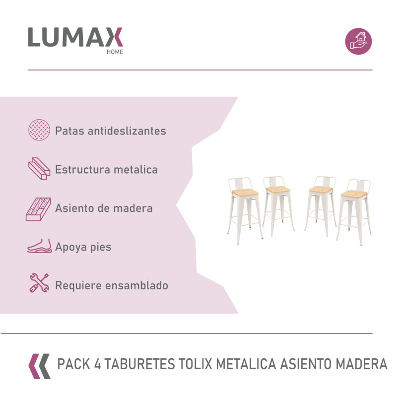 Pack 4 Taburetes Tolix con Respaldo y Asiento de Madera Lumax Blanco