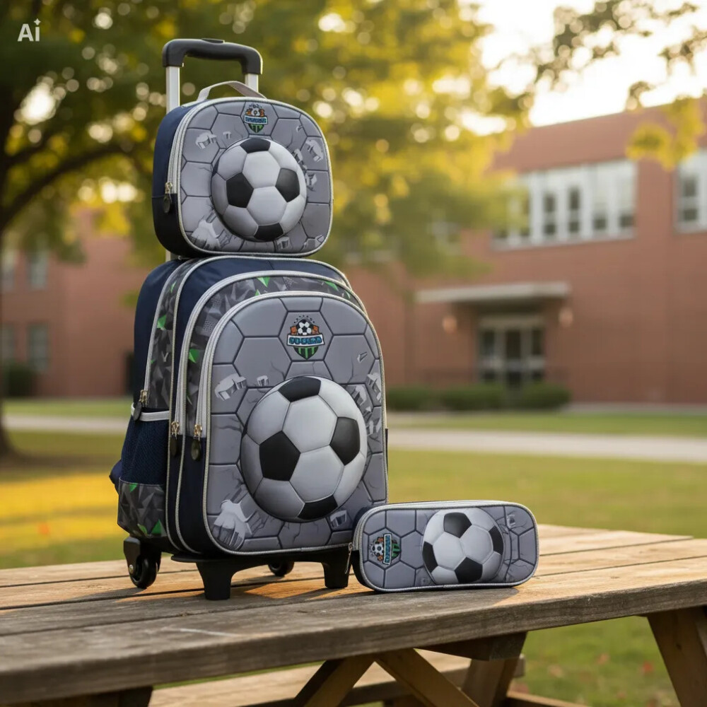 Mochila con carrito, lonchera y cartuchera. Pelota 3d