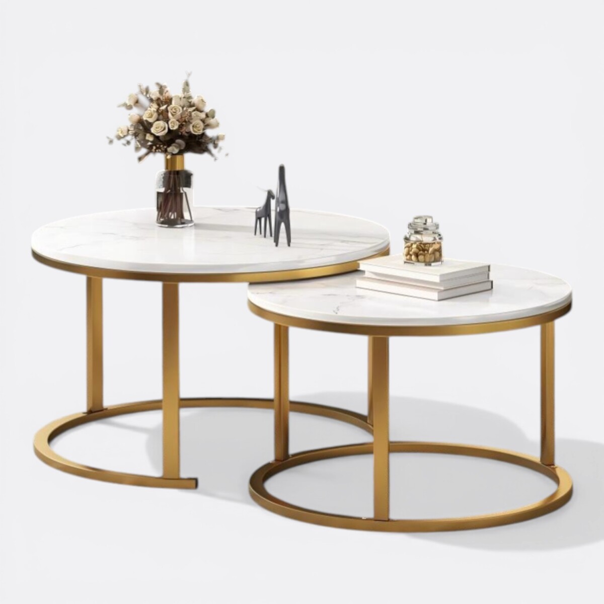 Set De Mesas Ratonas Circulares Nido Simil Marmol - Blanco/Dorado 