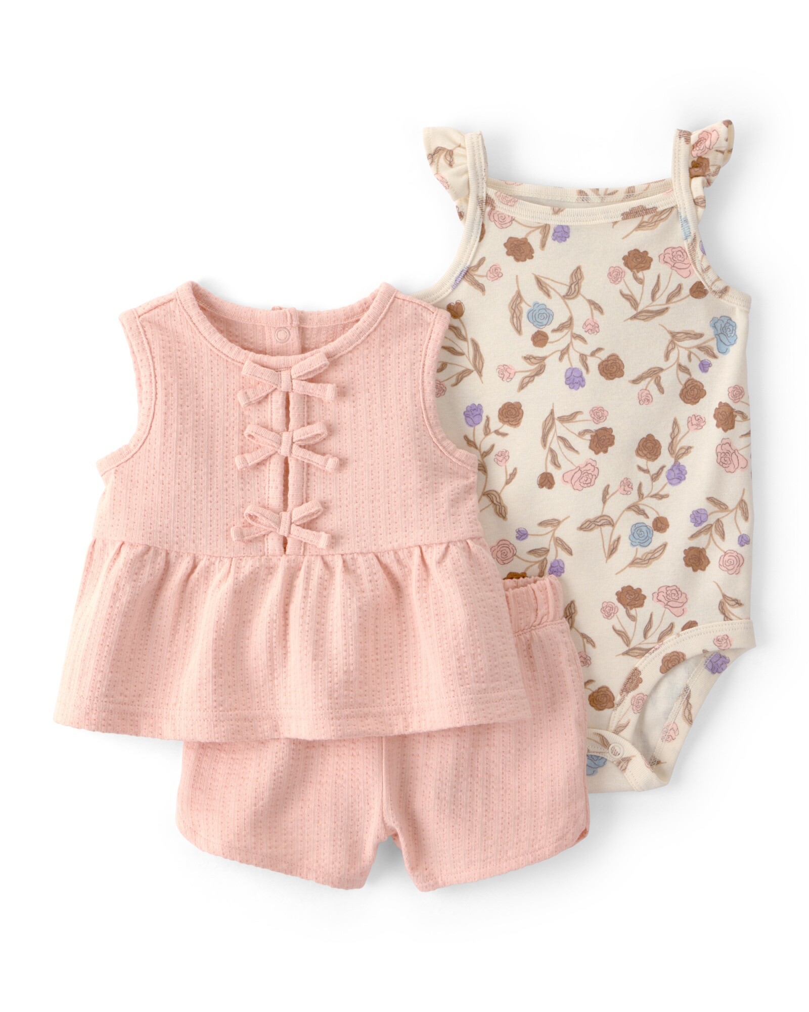 Set tres piezas de algodón, short y musculosa mil rayas más body floral Sin color