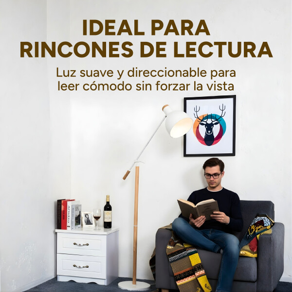 Lampara De Pie Moderna Metal Madera Minimalista 158Cm Color Blanco