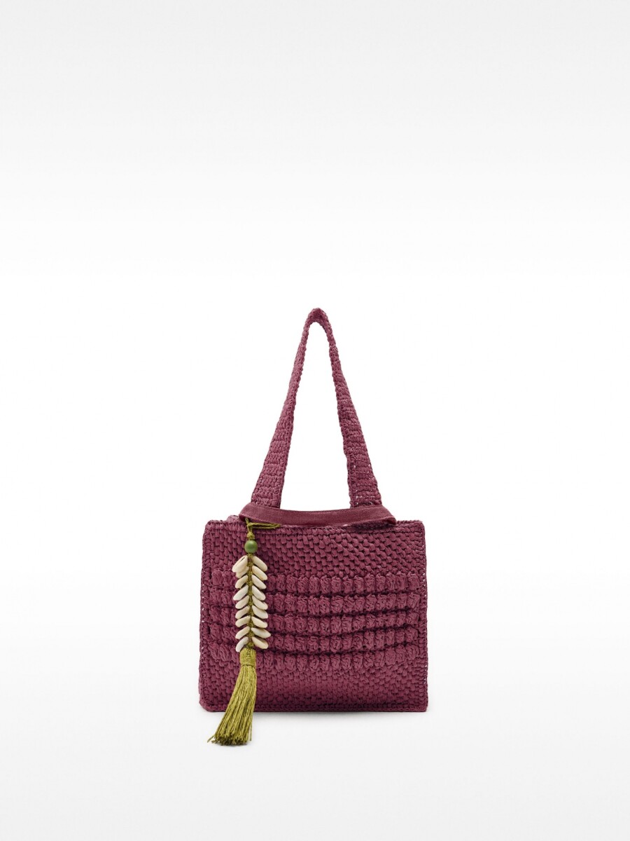 Bolso Tote Efecto Rafia Con Detalle De Conchas Colgante M burdeos