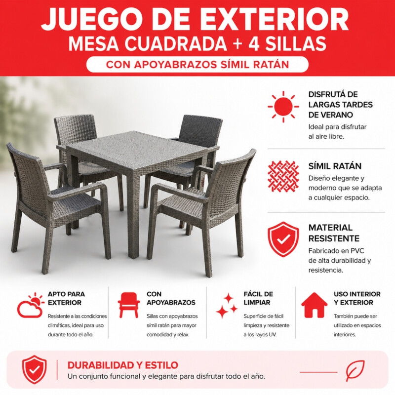 Juego de jardín 4 sillas con apoya brazo + mesa simil ratán 90x90cm GRIS