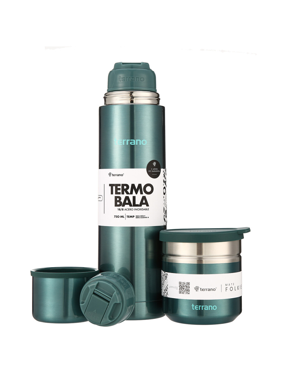 Kit Termo Acero Bala Metalizado 750mL + Mate Folkie - Verde 