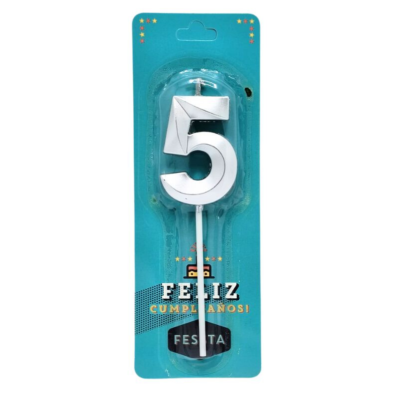 Vela Fessta Número 3D Chica Plateada CINCO