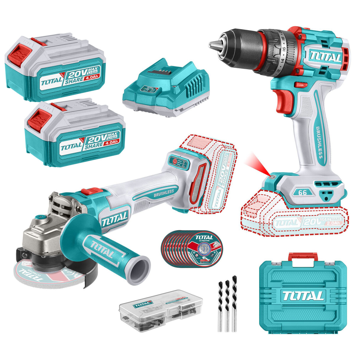 Kit Línea 20v: Amoladora + Atornillador Percutor, 2 Baterías 