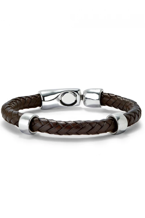 PULSERA CUERO TRENZADA CON 2 CIRCUNFERENCIAS BAÑADAS EN PLATA DE LEY Pulsera