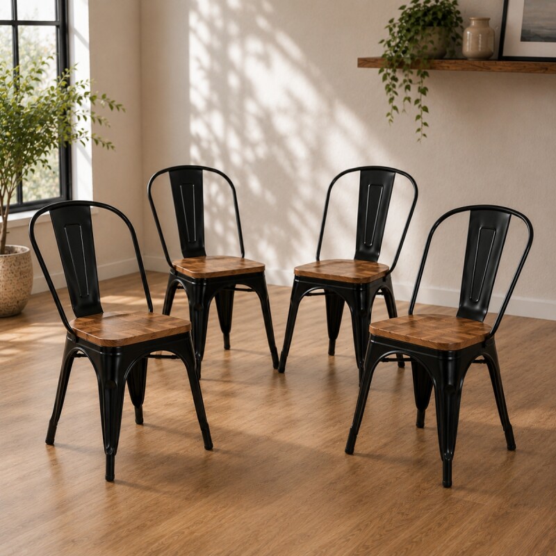 Set X4 Sillas Tolix Asiento en madera vintage NEGRO MATE