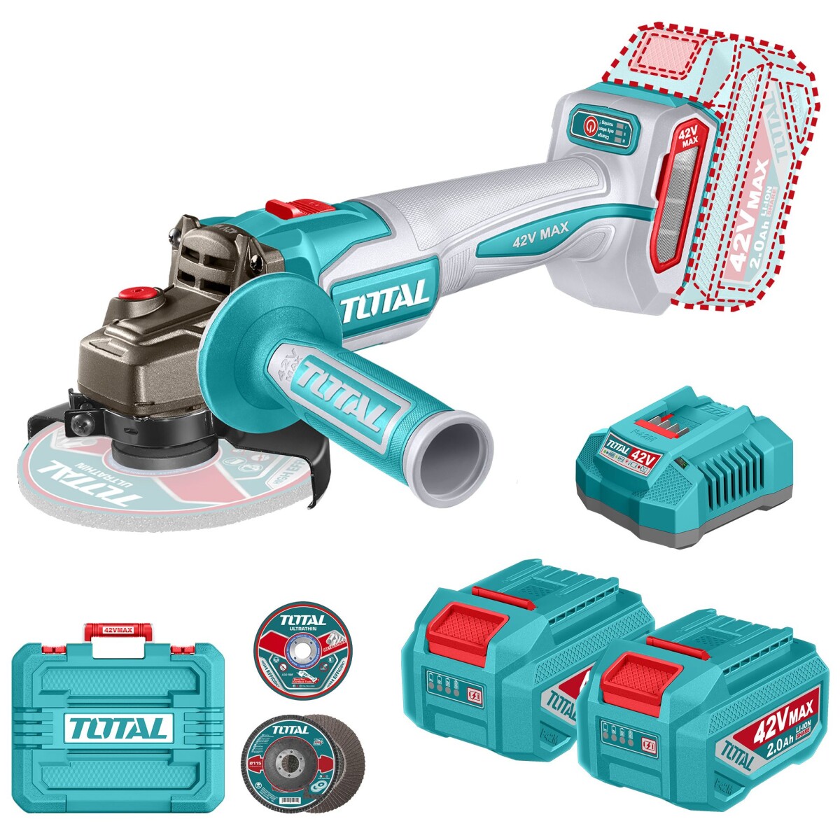 Amoladora Inalámbrica 42v 4.1/2" Sin Carbones - 2 Baterías 2.0Ah, Cargador Y Maletín 