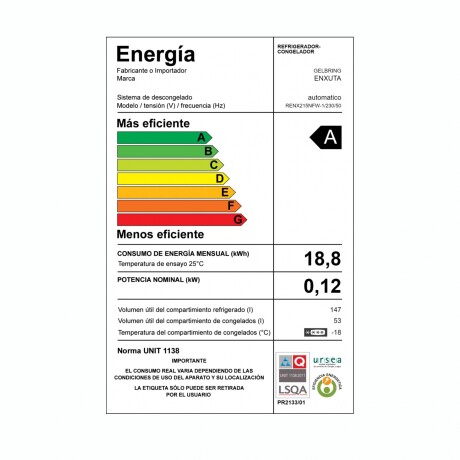 Refrigerador ENXUTA RENX215NFW-1 Capacidad 200L Frío Seco Refrigerador ENXUTA RENX215NFW-1 Capacidad 200L Frío Seco