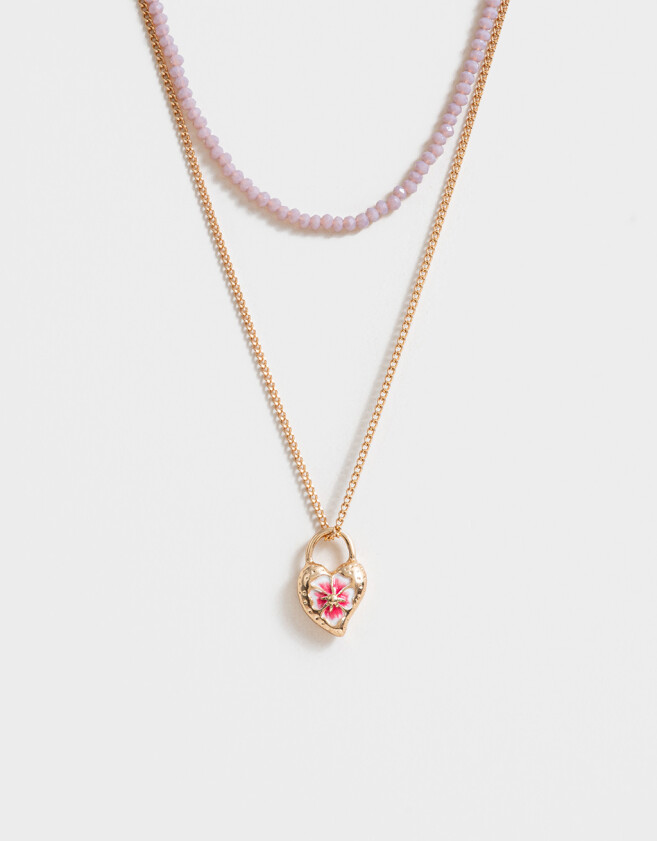 Collares Cortos Con flores Collar Corto Beads Y Dije Corazón - Dorado