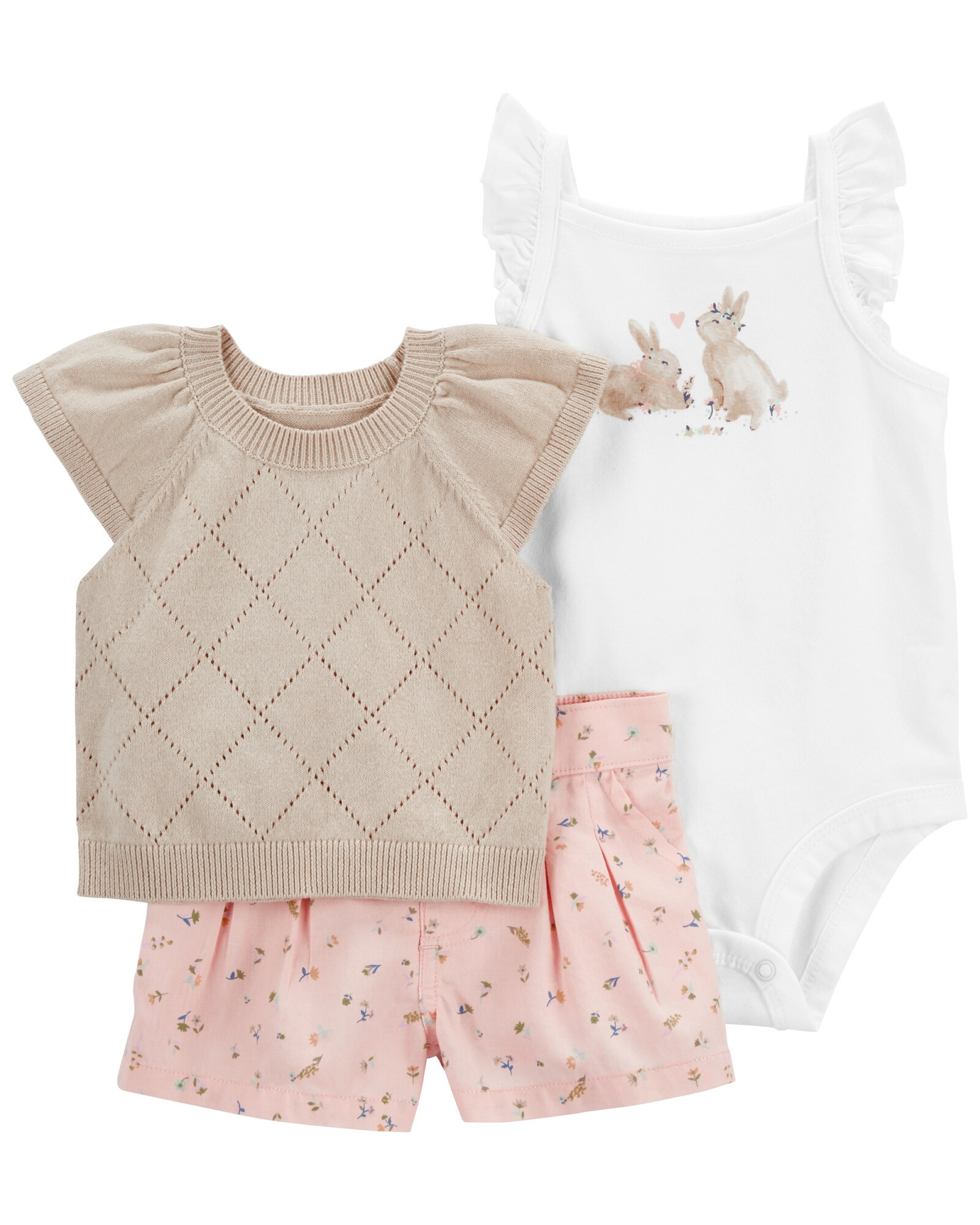 Set tres piezas short, chaleco de punto y body de algodón Set tres piezas short, chaleco de punto y body de algodón