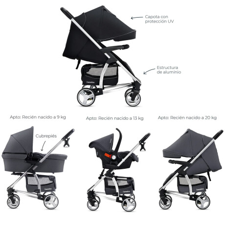 Kit Cochecito Carestino London 3 en 1 + Moisés + Butaca + Accesorios Gris