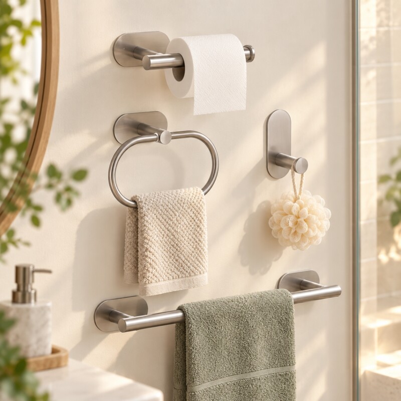 Conjunto de accesorios para baño 4 piezas adhesivas PLATEADO