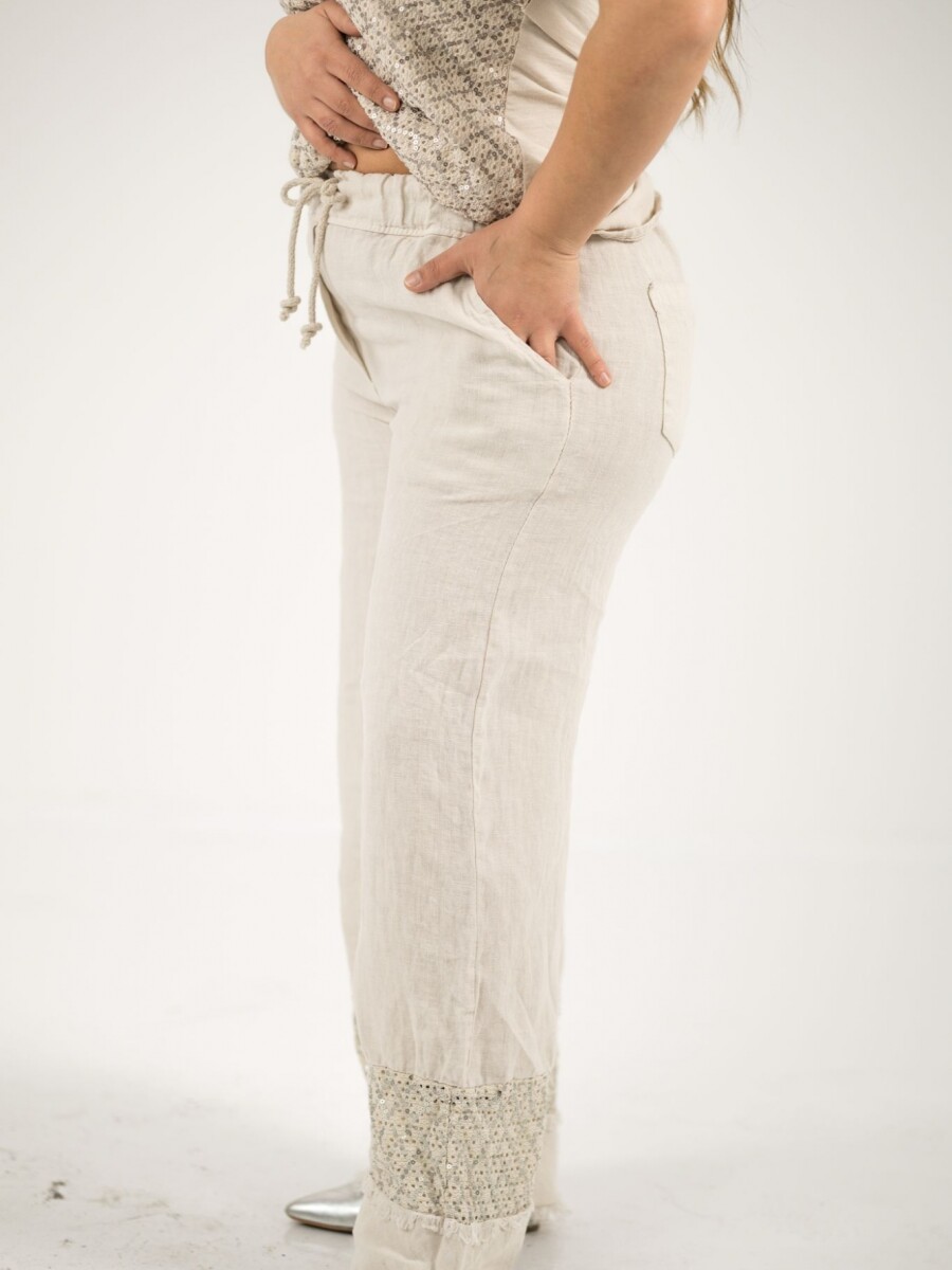 Palazo 100% lino con lentejuela y flecos Beige
