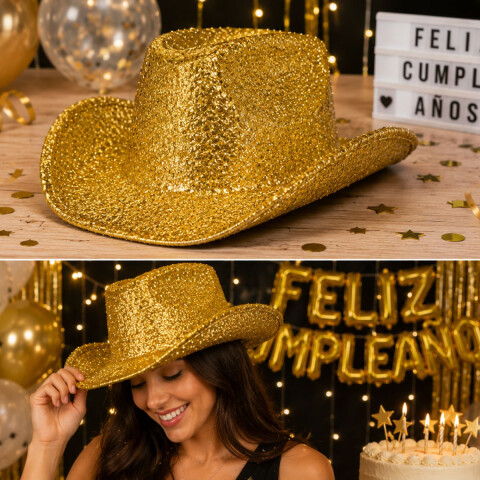 Gorro Cowboy Brilloso Clasico Dorado