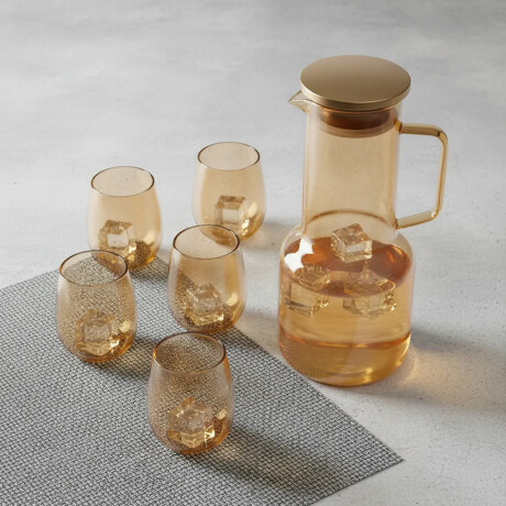 Set Jarra Vidrio + 6 Vasos Bebidas Frias Brunch ámbar