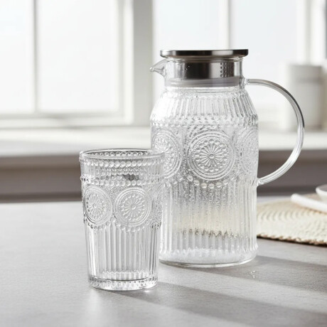 Set Jarra Vidrio + 6 Vasos Labrados Vintage Transparente