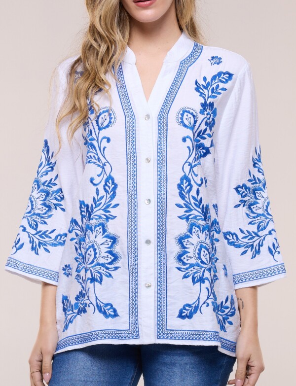 Blusa Bordado Floral BLANCO/AZUL