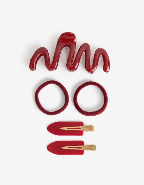 Accesorios Pelo Set Varios Set Maxi Broche, 4 Gomitas Elásticas Y 2 Hebillas. - Rojo Burdeaux