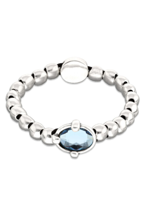 PULSERA DE BOLAS BAÑADAS EN PLATA CON UN CRISTAL FACETADO AZUL E HILO ELÁSTICO Pulsera