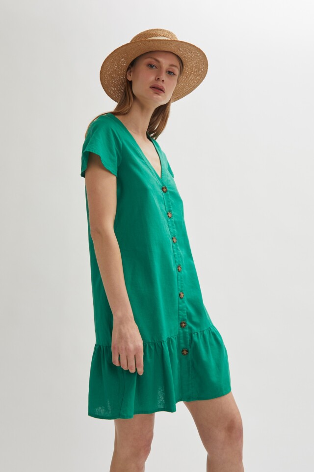 Vestido de lino con botones verde esmeralda