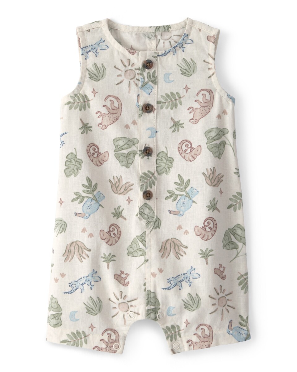 Monito corto de lino, beige, diseño selva tropical 