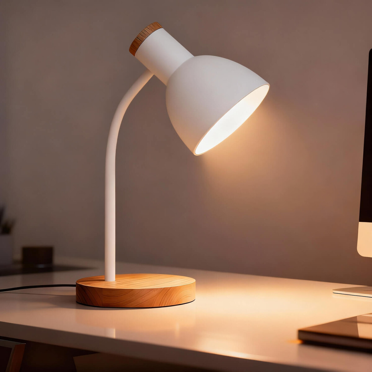 Lampara De Escritorio Velador Portatil Nordica Metal Madera Lectura IMBACK Color Blanco 
