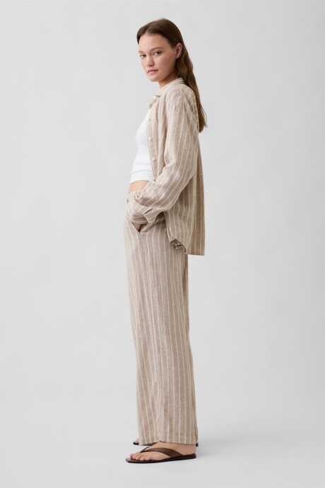 Pantalón De Lino Wide Mujer White Khaki Stripe