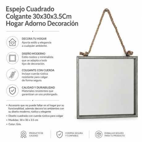 Espejo Cuadrado Colgante 30x30x3.5Cm Hogar Adorno Decoración Gris