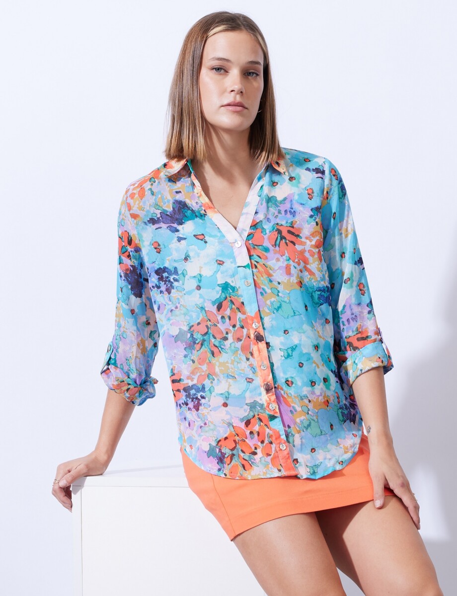 Camisa Gasa Printed - Celeste/multi 