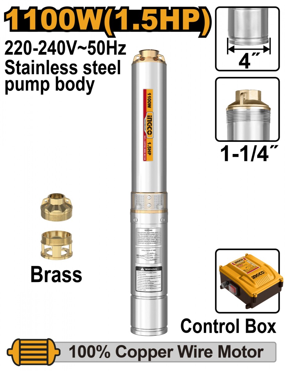 BOMBA SUMERGIBLE TUBO 1100W 1.5HP POZO SEMISURGENTE INGCO DWP1100621 